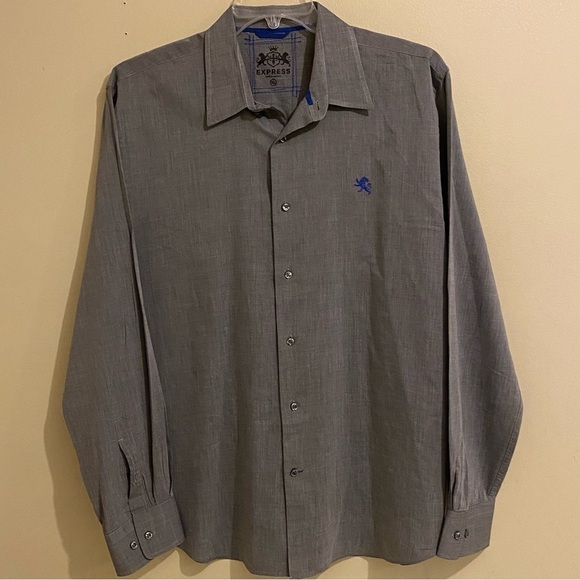Express Size XL Button Up Gray Dress Shirt Mens Long Sleeve Logo Cotton - Picture 1 of 10